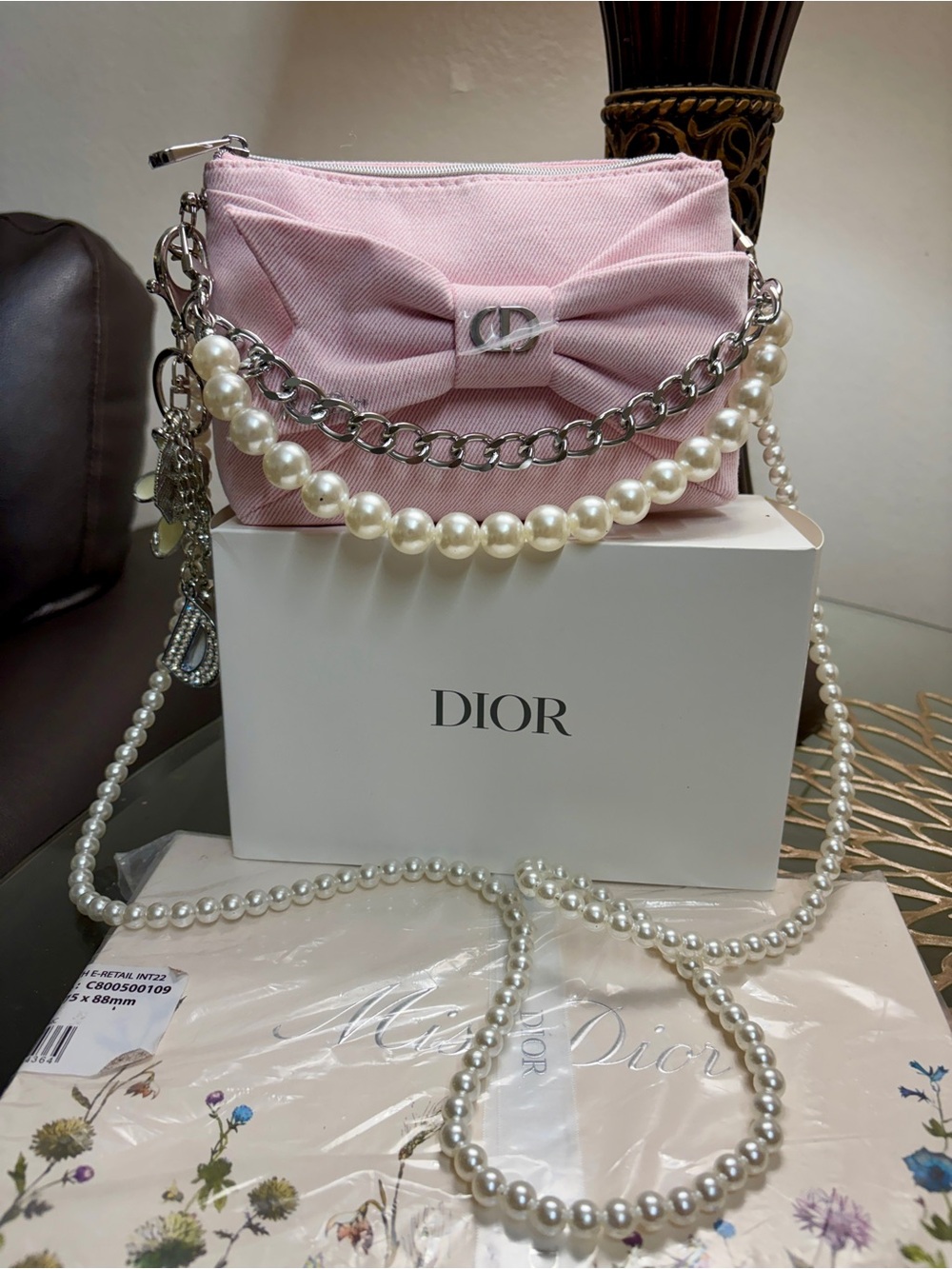 Dior Pink Bow Mini Shoulder Bag with Pearl & Chain Straps